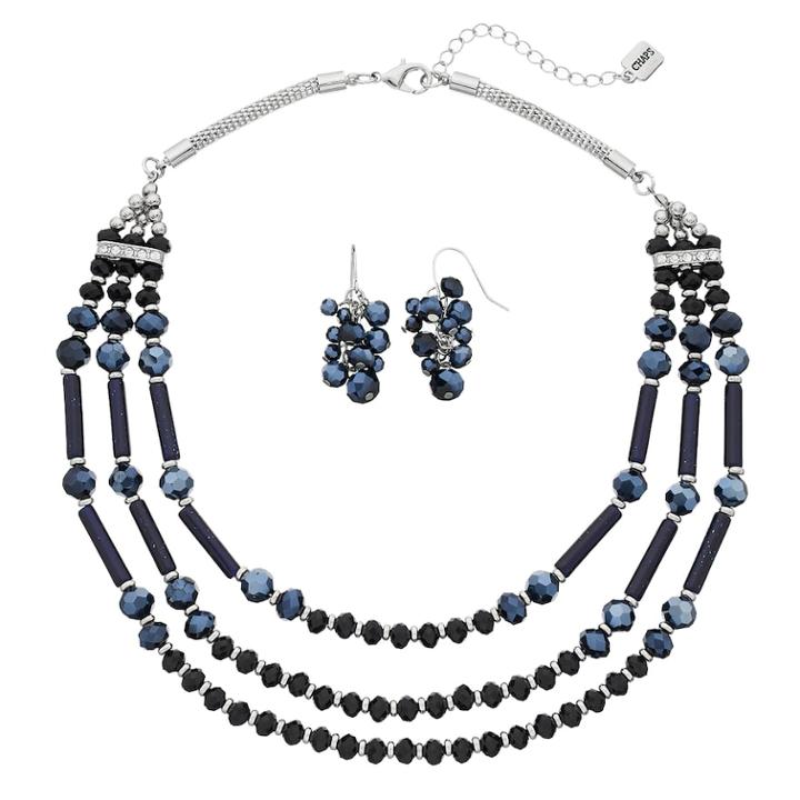 Chaps Multi Strand Beaded Necklace & Cluster Earrings Set, Women's, Navy