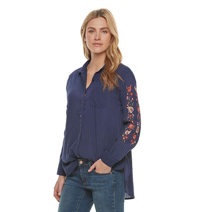 Women's Sonoma Goods For Life&trade; Embroidered Essential Shirt, Size: Xs, Dark Blue