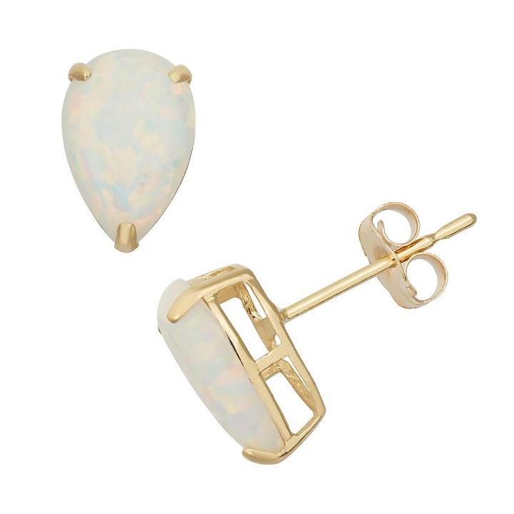 Lab-created Opal 10k Gold Teardrop Stud Earrings, Women's, White