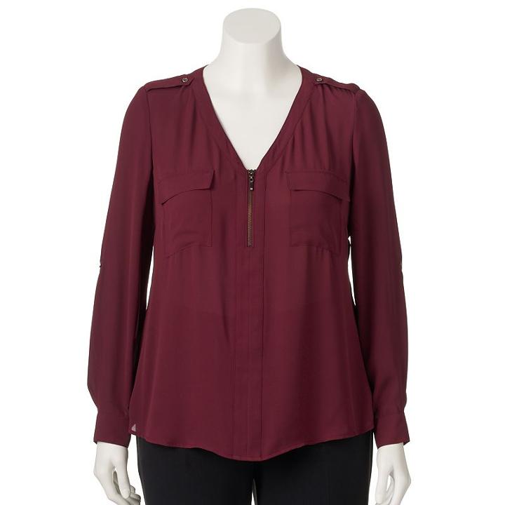 Juniors' Plus Size Candie's&reg; Zip-neck Roll-tab Top, Girl's, Size: 2xl, Drk Purple