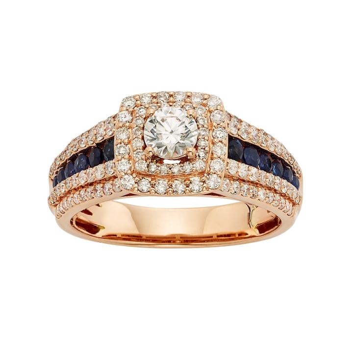Igl Certified Diamond And Blue Sapphire Tiered Square Halo Engagement Ring In 14k Rose Gold (1 Carat T.w.), Women's, Size: 7.50
