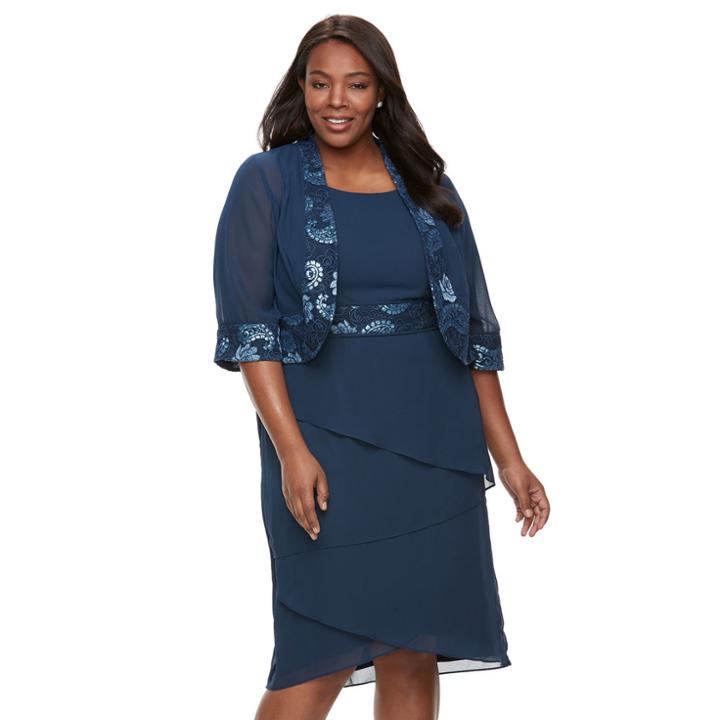 Plus Size Le Bos Lace-trim Jacket & Tiered Dress, Women's, Size: 14 W, Blue (navy)