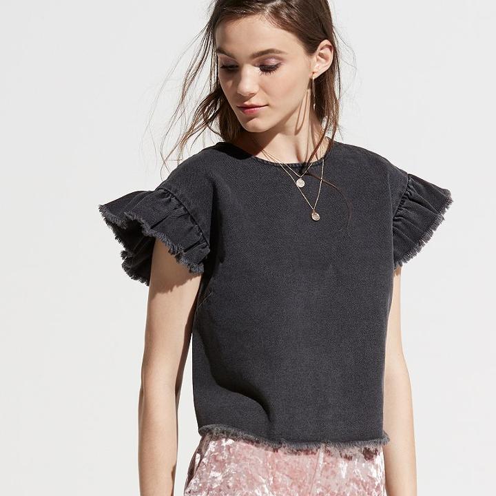 K/lab Ruffle Sleeve Denim Top, Teens, Size: Medium, Black