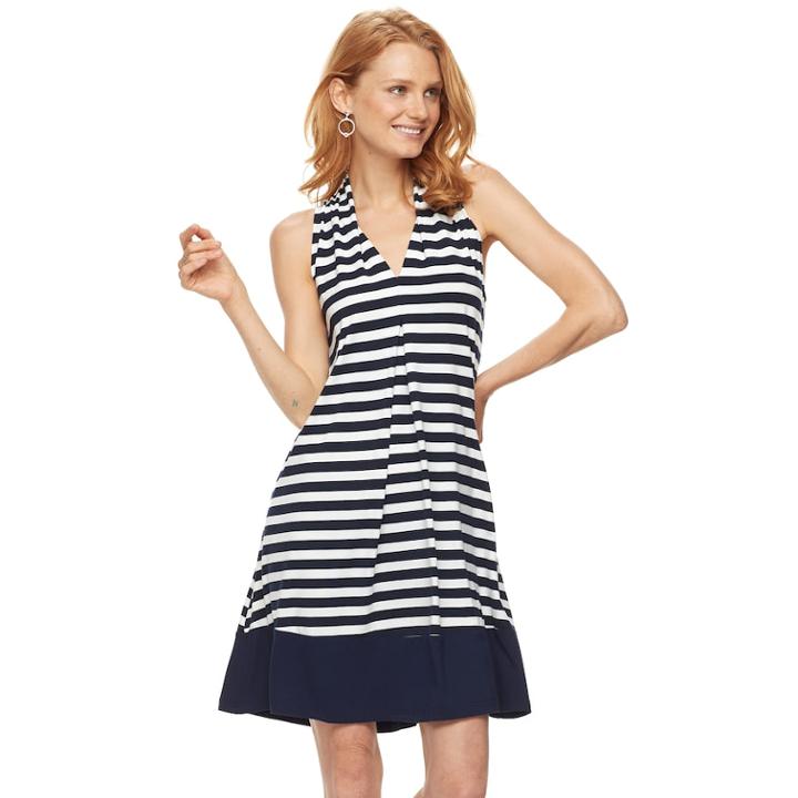 Women's Nina Leonard Striped Trapeze Dress, Size: Medium, Blue (navy)