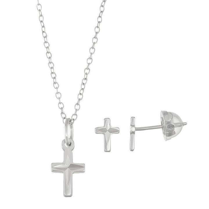 Lulabelle Kids' Sterling Silver Textured Cross Pendant & Stud Earring Set, Women's