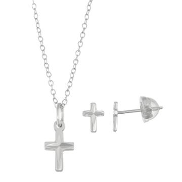 Lulabelle Kids' Sterling Silver Textured Cross Pendant & Stud Earring Set, Women's
