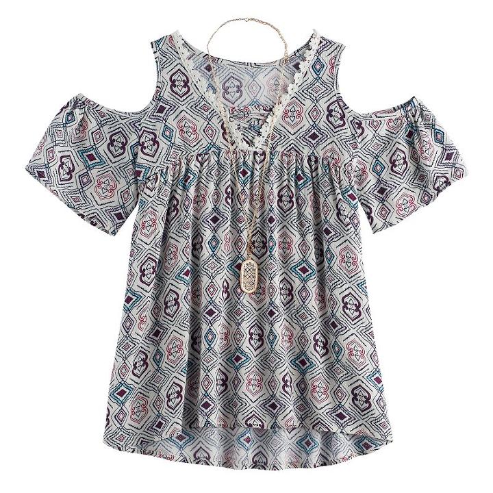 Girls 7-16 Self Esteem Printed Cold Shoulder Top With Necklace, Girl's, Size: Xl, Blue