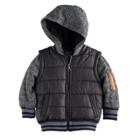 Boys 4-7 Urban Republic Mixed Media Mock Layer Quilted Midweight Jacket, Size: 4, Black