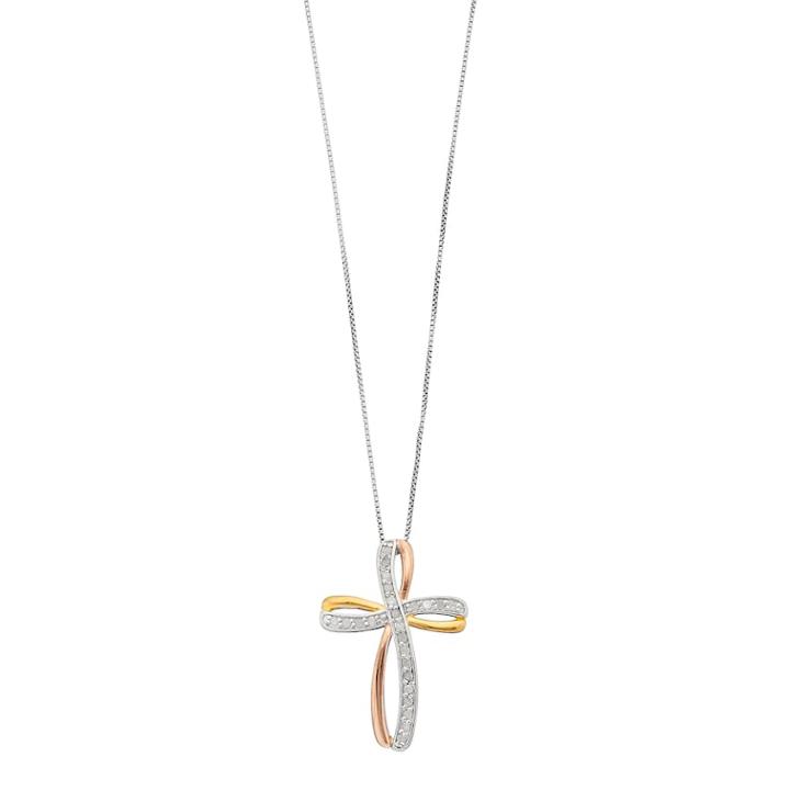 Sterling Silver 1/4 Carat T.w. Diamond Tri Tone Cross Pendant Necklace, Women's, Size: 18, White