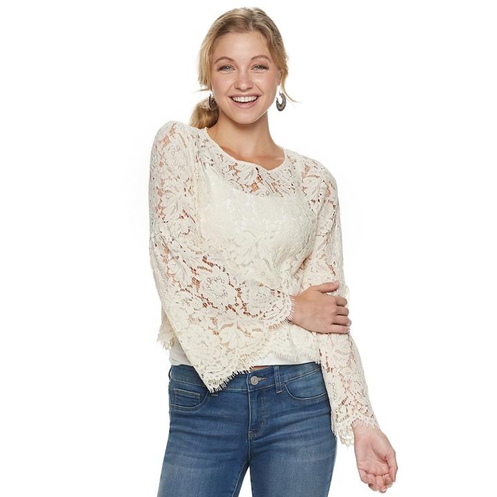 Juniors' Hint Of Mint Lace Bell Sleeve Top, Teens, Size: Small, Natural