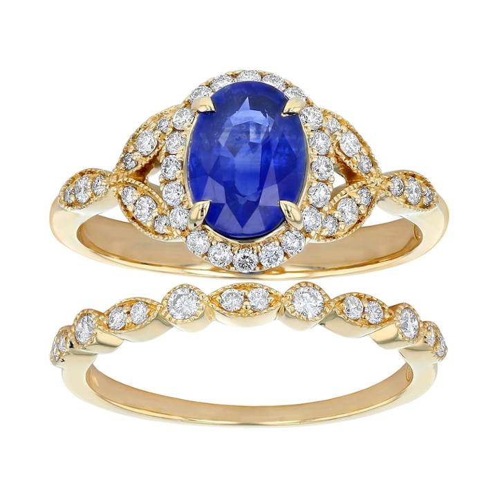 14k Yellow Gold Sapphire & 3/8 Carat T.w. Diamond Halo Engagement Ring Set, Women's, Size: 7, Blue