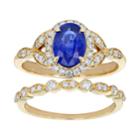 14k Yellow Gold Sapphire & 3/8 Carat T.w. Diamond Halo Engagement Ring Set, Women's, Size: 7, Blue