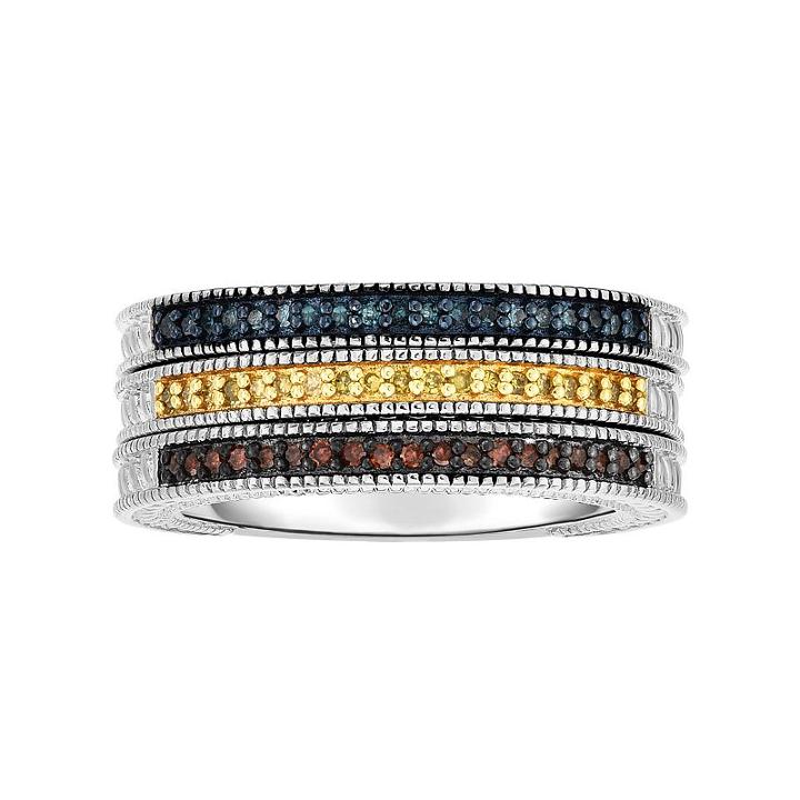 Sterling Silver 1/4 Carat T.w. Blue, Yellow & Red Diamond Stack Ring Set, Women's, Size: 10, Multicolor