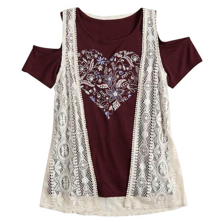 Girls 7-16 & Plus Size Mudd&reg; Cold Shoulder Graphic Print Tee & Crochet Vest Set, Size: 12, Drk Purple