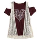 Girls 7-16 & Plus Size Mudd&reg; Cold Shoulder Graphic Print Tee & Crochet Vest Set, Size: 12, Drk Purple