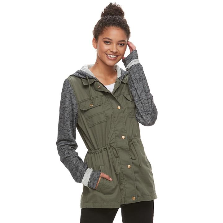 Juniors' Mudd&reg; Knit Sleeve Utility Jacket, Teens, Size: Medium, Med Green