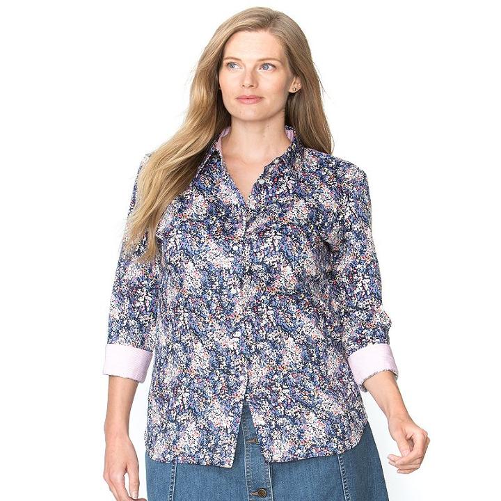 Plus Size Chaps Printed No-iron Shirt, Women's, Size: 2xl, Blue (navy)