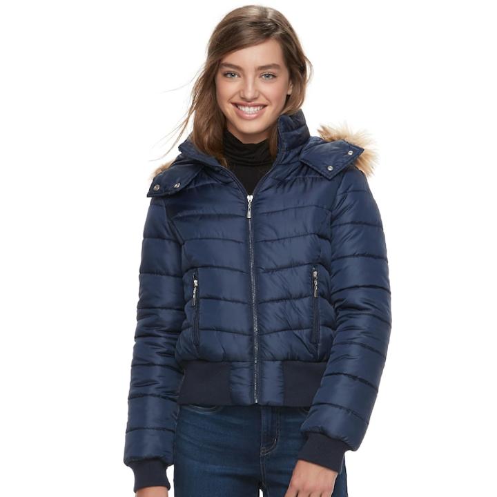 Juniors' J-2 Hooded Puffer Bomber Jacket, Teens, Size: Small, Blue (navy)