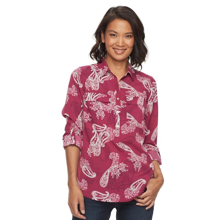Women's Croft & Barrow&reg; Print Popover Shirt, Size: Medium, Dark Red