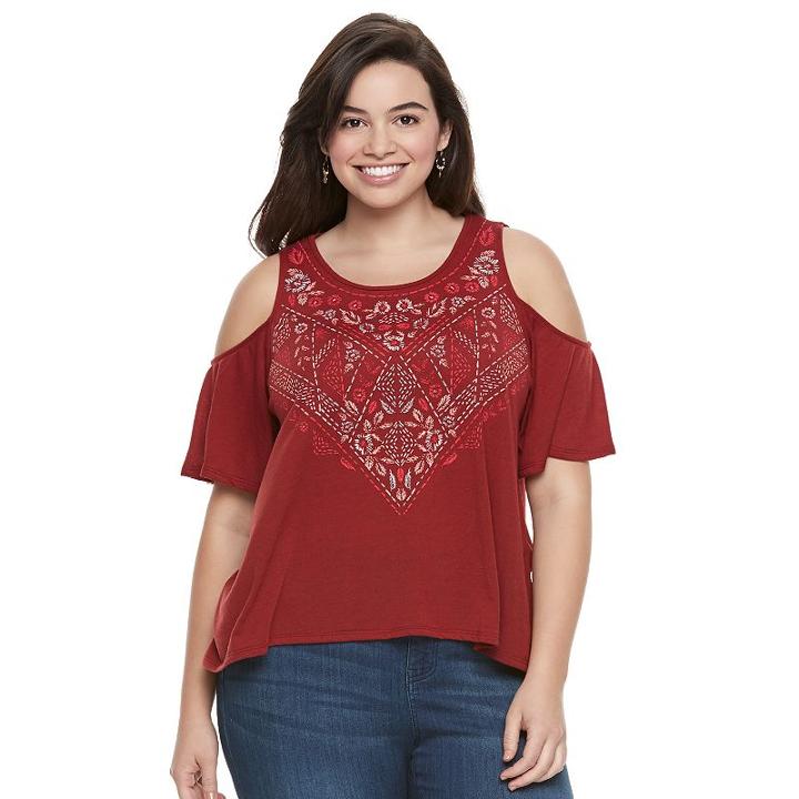 Juniors' Plus Size Mudd&reg; Print Cold Shoulder Top, Girl's, Size: 3xl, Dark Red