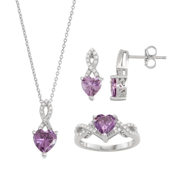 Sterling Silver Lab-created Amethyst & Cubic Zirconia Heart Pendant, Earring & Ring Set, Women's, Size: 7, Purple