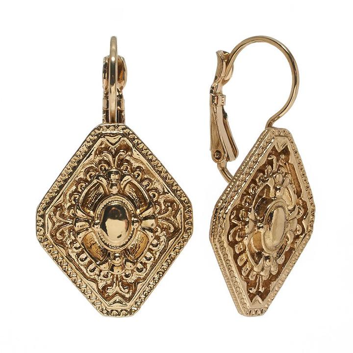 1928 Gold Tone Textured Drop Earrings, Teens, Yellow