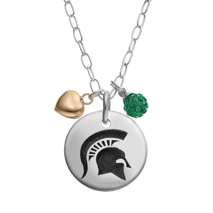 Fiora Crystal Sterling Silver Michigan State Spartans Team Logo & Heart Pendant Necklace, Women's, Size: 16, Green