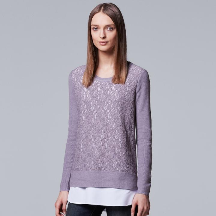 Petite Simply Vera Vera Wang Mock-layer Lace Front Top, Women's, Size: M Petite, Med Purple