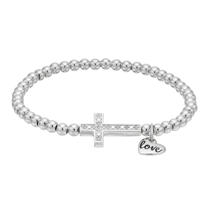 Charmed By Diamonds Sterling Silver 1/10 Carat T.w. Diamond Sideways Cross Stretch Bracelet, Women's, White