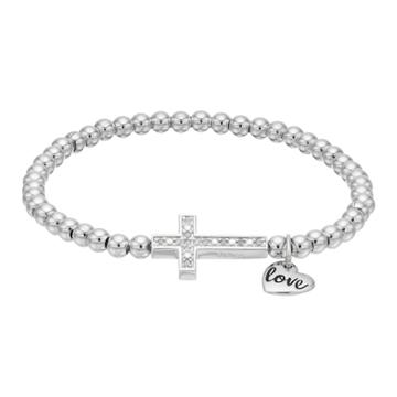 Charmed By Diamonds Sterling Silver 1/10 Carat T.w. Diamond Sideways Cross Stretch Bracelet, Women's, White