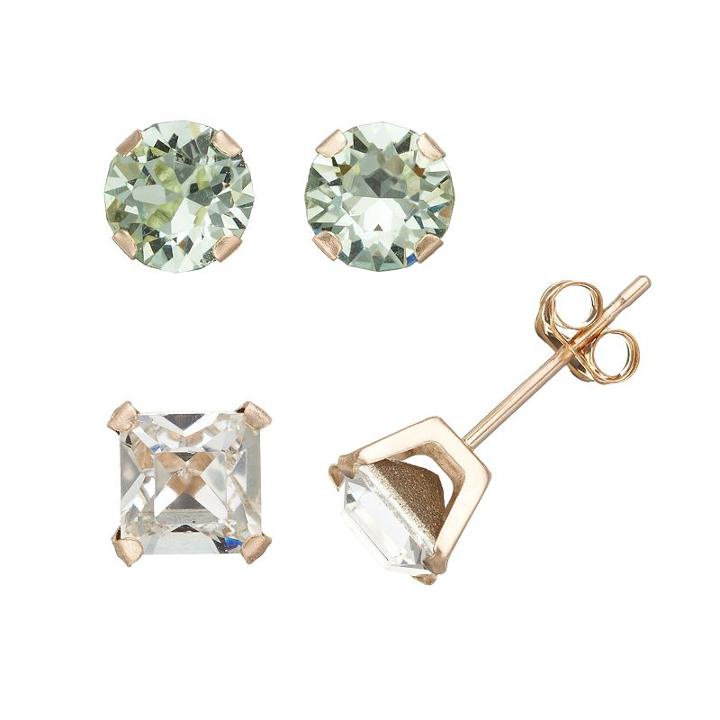 Gold 'n' Ice Crystal 10k Gold Stud Earring Set - Made With Swarovski Crystals, Women's, Green