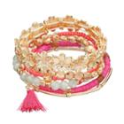 Pink Flower, Tassel & Disc Bead Stretch Bracelet Set, Women's, Brt Pink