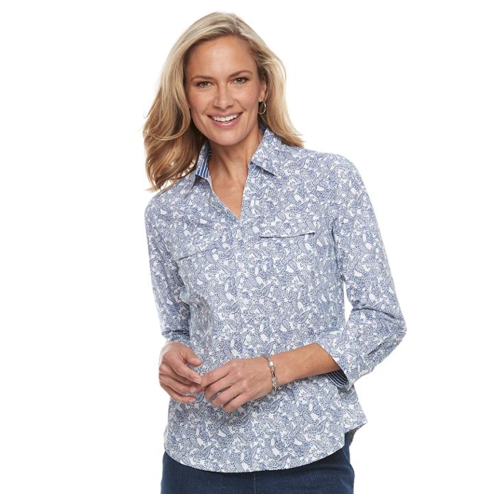 Petite Croft & Barrow&reg; Knit-to-fit Roll-tab Shirt, Women's, Size: M Petite, Med Blue