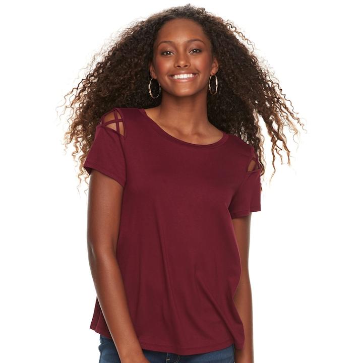 Juniors' Pink Republic Solid Crepe Lattice Shoulder Tee, Teens, Size: Small, Red
