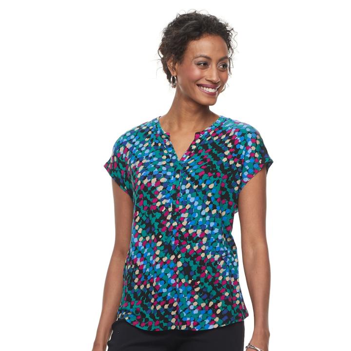 Women's Dana Buchman Print Splitneck Top, Size: Xl, Turquoise/blue (turq/aqua)