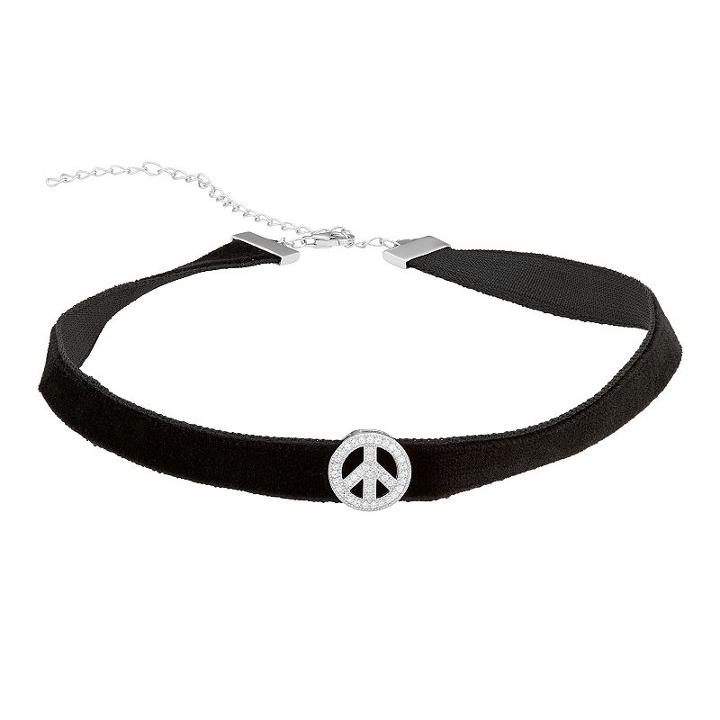 Sterling Silver Cubic Zirconia Peace Symbol Velvet Choker Necklace, Women's, Size: 13, White