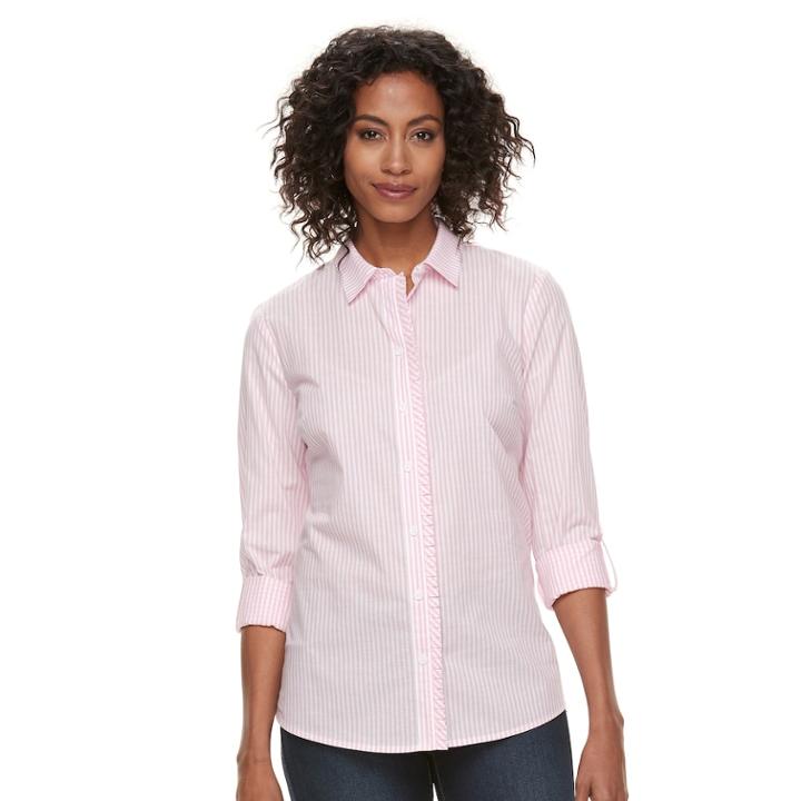 Women's Croft & Barrow&reg; Ruffle Placket Button-down Shirt, Size: Medium, Med Pink