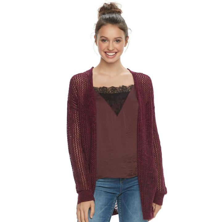 Juniors' Mudd&reg; Lace-up Back Pointelle Cardigan, Teens, Size: Small, Red