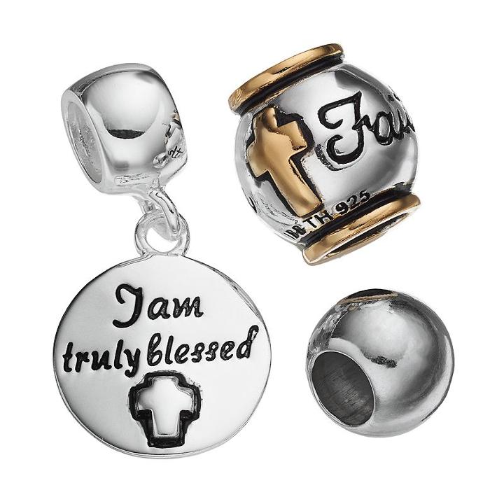 Individuality Beads Sterling Silver Two Tone Faith Bead & Disc Charm Set, Women's, Grey