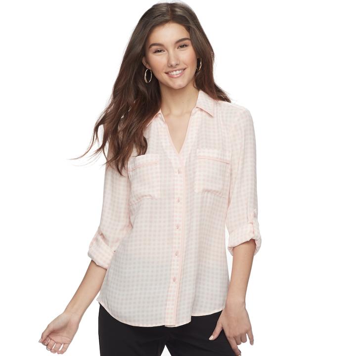 Juniors' Candie's&reg; Piped Roll-tab Blouse, Teens, Size: Large, Pink