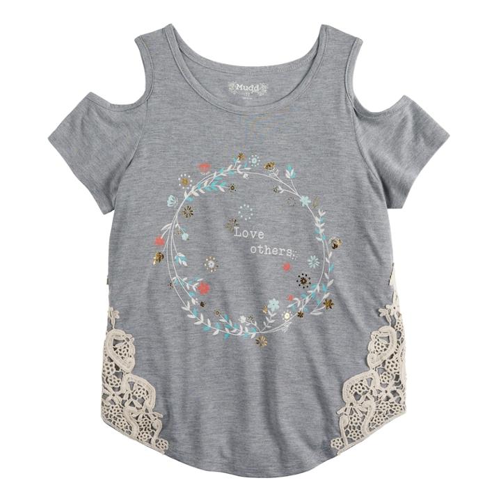 Girls 7-16 Mudd&reg; Cold Shoulder Crochet Pieced Tee, Size: 12, Grey