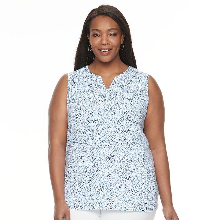 Plus Size Croft & Barrow&reg; Printed Splitneck Tank, Women's, Size: 2xl, Blue (navy)