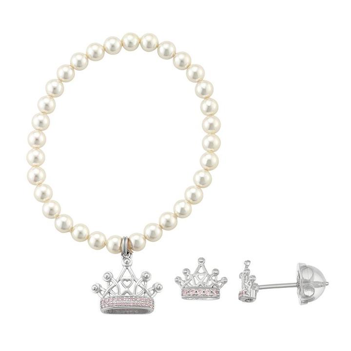 Lulabelle Kids' Shell Pearl & Cubic Zirconia Crown Stretch Bracelet & Stud Earring Set, Women's, Pink