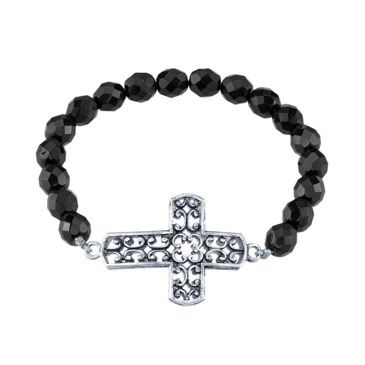 1928 Black Beaded Filigree Cross Stretch Bracelet, Women's, Grey