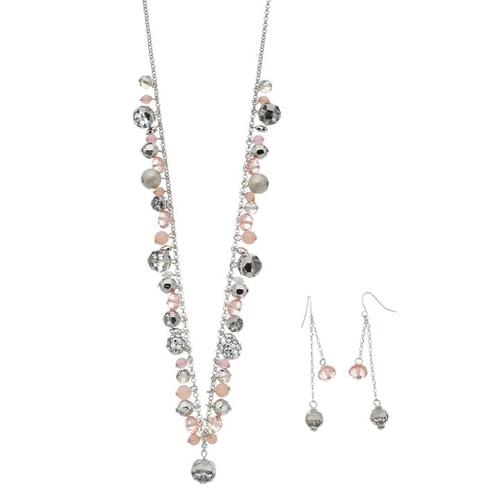 Simulated Crystal & Beaded Long Necklace & Drop Earring Set, Women's, Pink