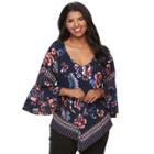 Junior's Plus Size Heart & Soul Floral Handkerchief Hem Necklace Top, Teens, Size: 3xl, Dark Blue