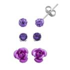 Sterling Silver Cubic Zirconia And Crystal Flower Stud Earring Set, Women's, Purple