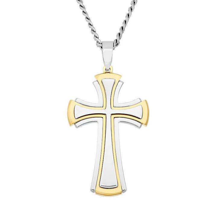 Stainless Steel And Yellow Ion-plated Stainless Steel Cross Pendant Necklace - Men, Size: 24, Grey