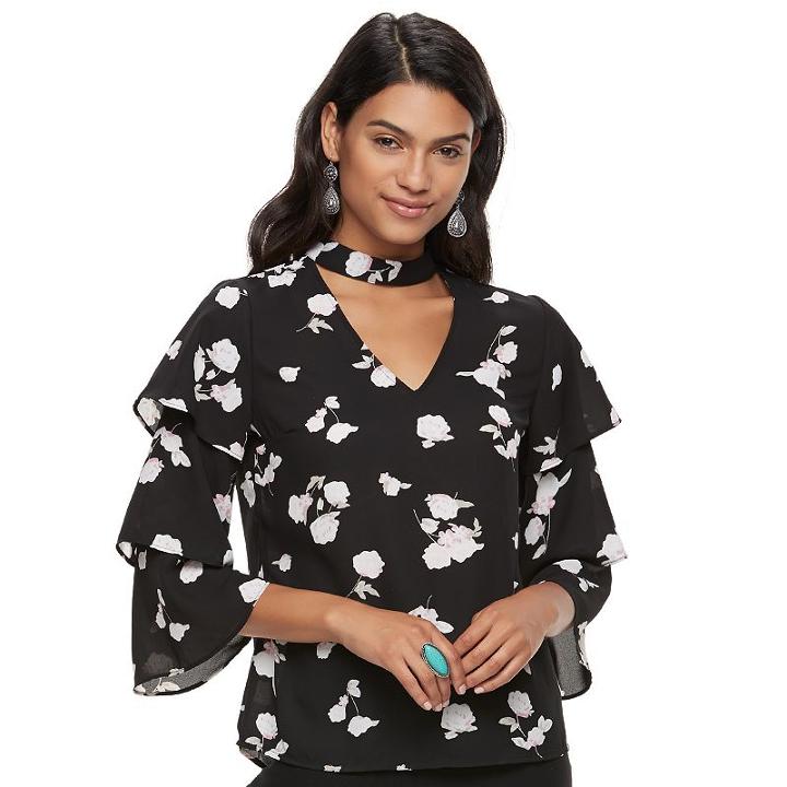 Juniors' Candie's&reg; Print Choker Ruffle-sleeve Top, Teens, Size: Medium, Black