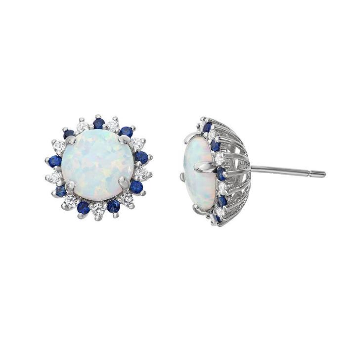 Sterling Silver Lab-created Opal Halo Stud Earrings, Women's